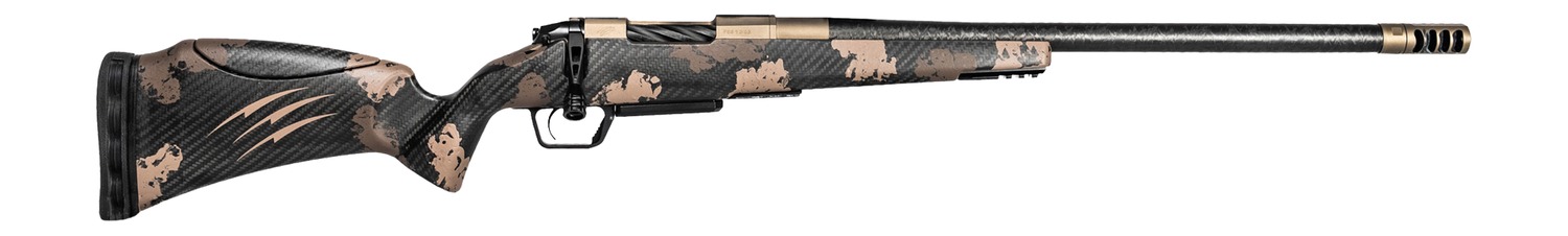 Camouflage bolt-action hunting rifle with long barrel