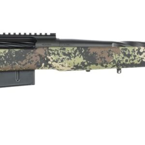 Camouflage bolt-action rifle with long fluted barrel