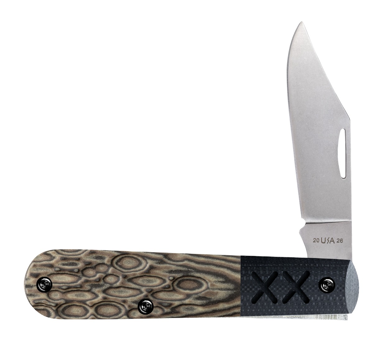 Open folding pocket knife with patterned handle