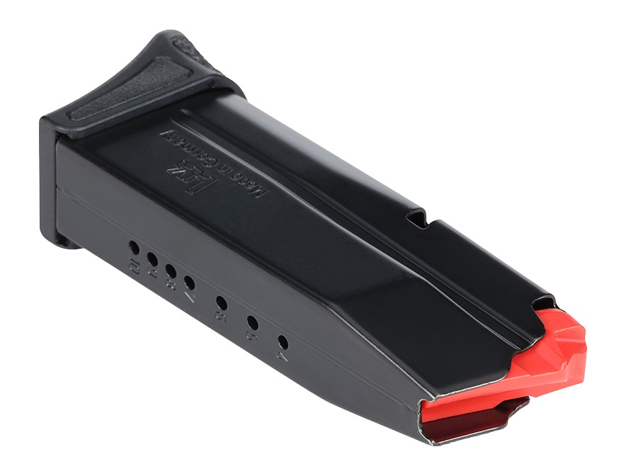 Black pistol magazine with red follower base