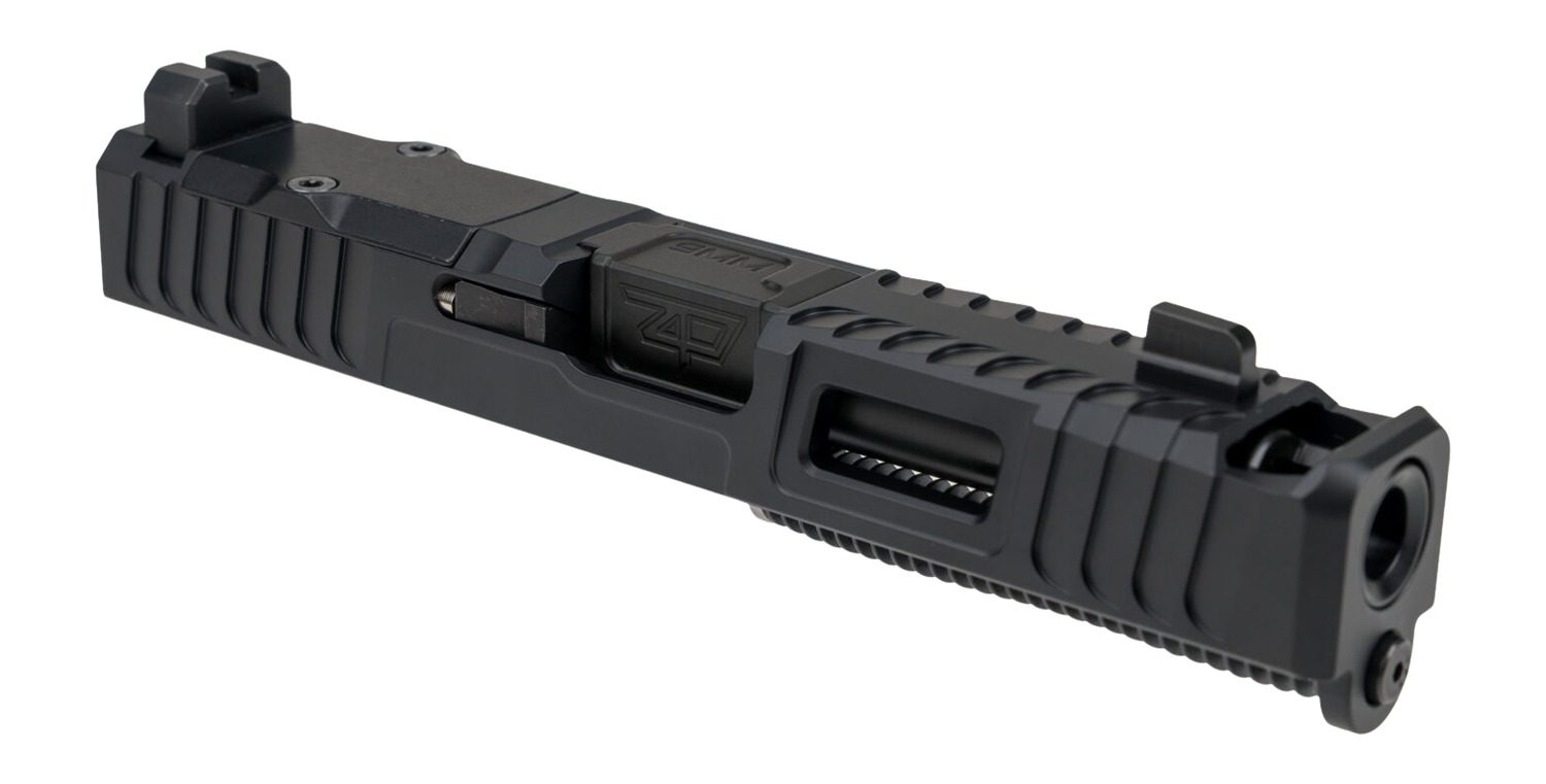 Black pistol slide with barrel and sights