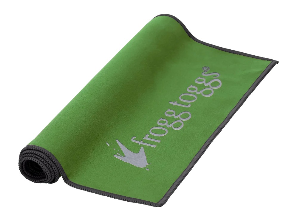 Green rolled yoga mat with Frogg Toggs logo