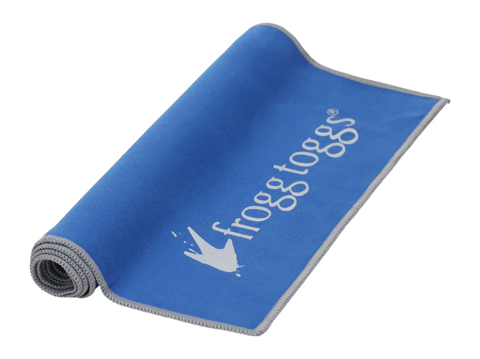 Rolled blue Frogg Toggs yoga mat