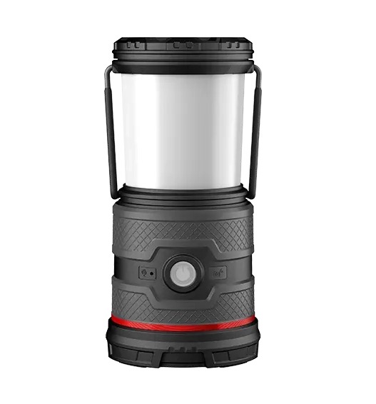 Black camping lantern with handle and red accent