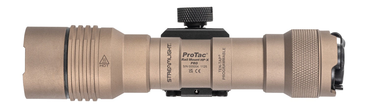 Tan tactical rail mount flashlight on white background