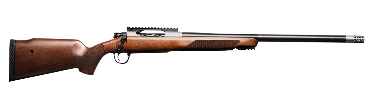 Bolt-action rifle with wooden stock and long barrel