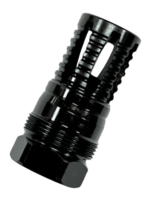 Black metal muzzle brake with threaded base