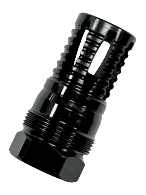 Black metal muzzle brake with vented ports