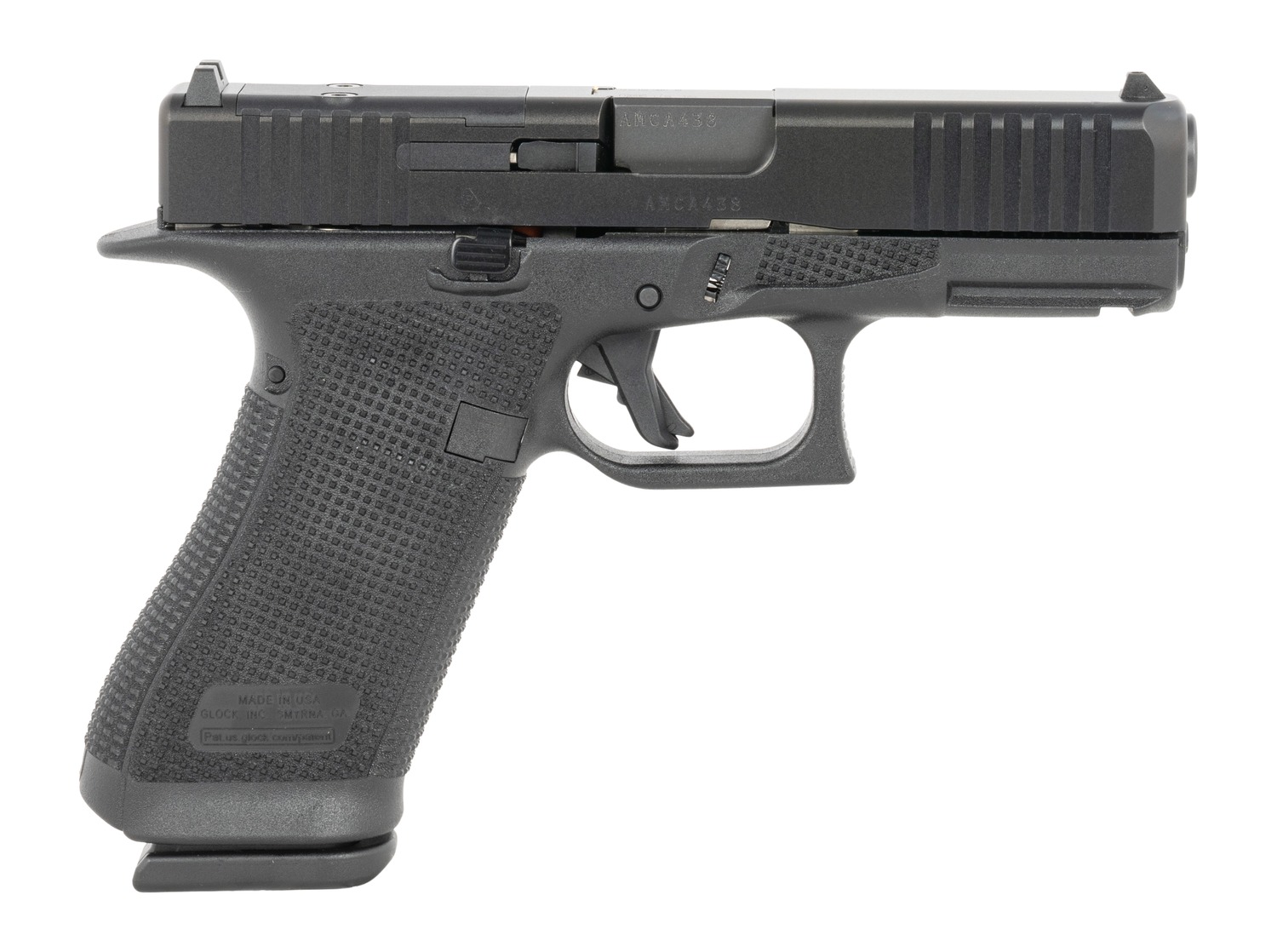 Black semi-automatic handgun on white background
