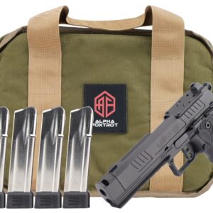 Handgun with five magazines and green range bag