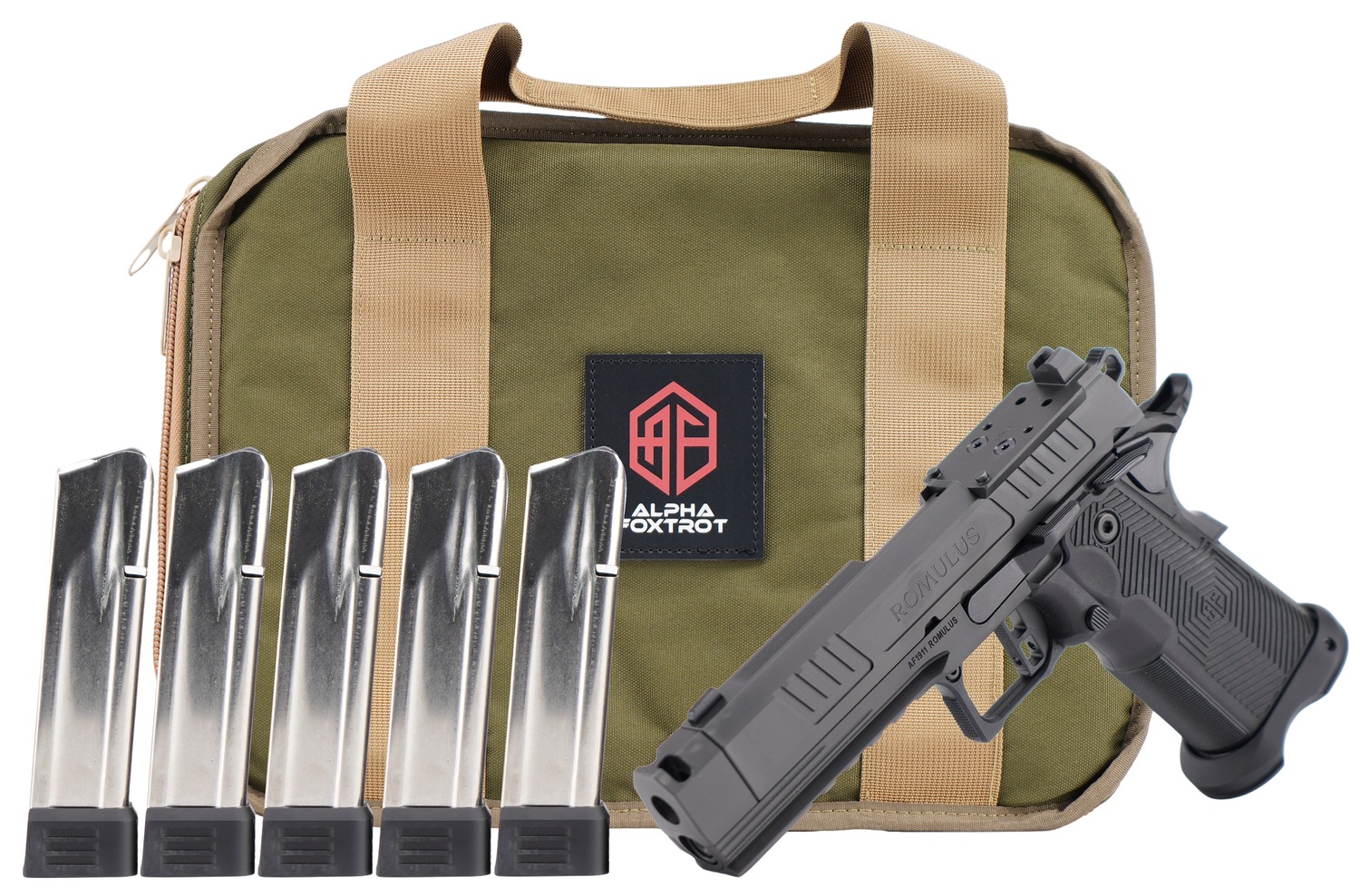 Handgun with five magazines and green range bag