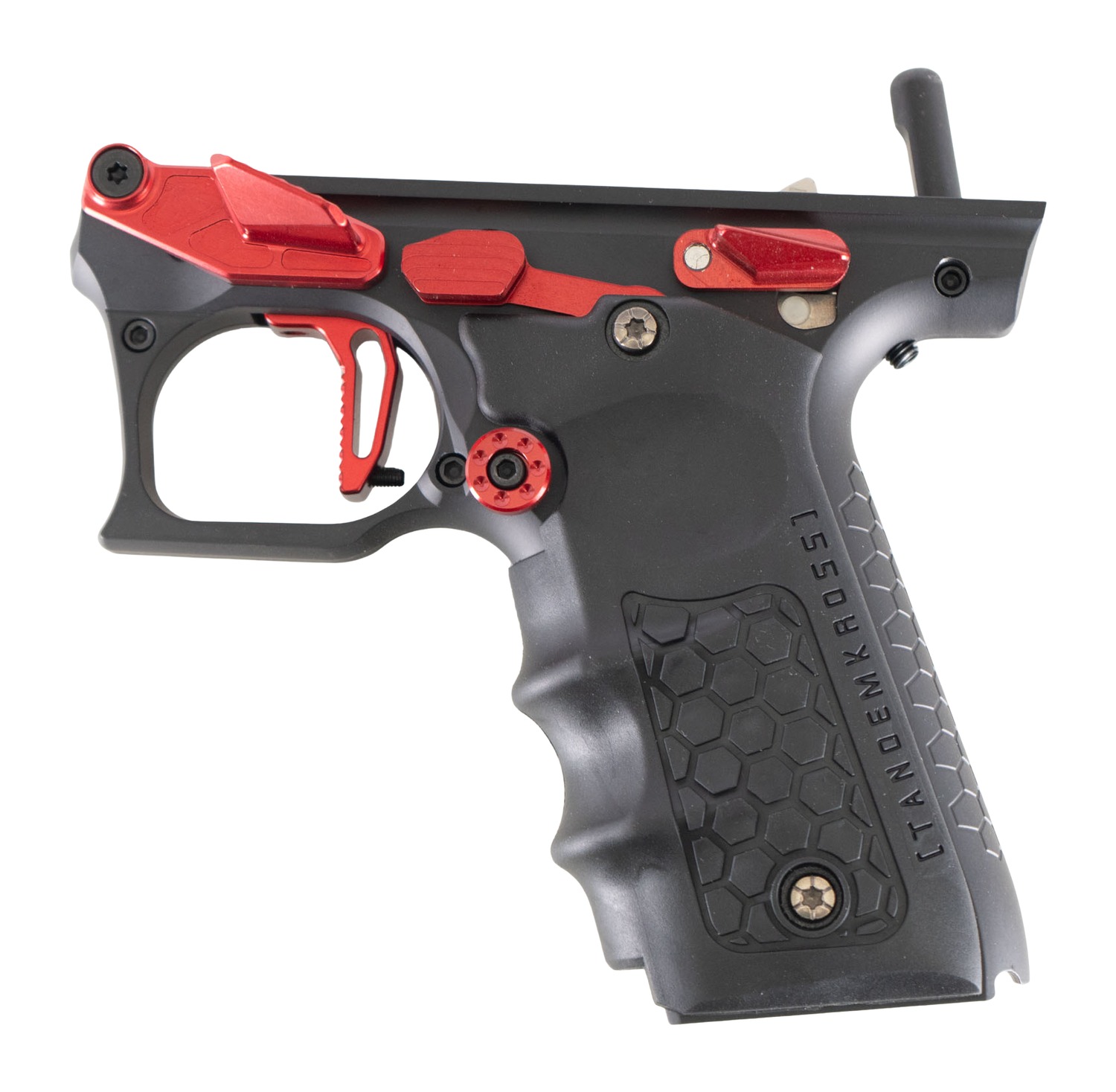 Close-up of black and red paintball gun frame