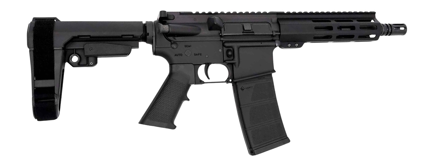 Compact black AR-style pistol with brace