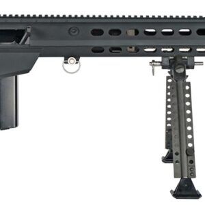Large black sniper rifle with bipod