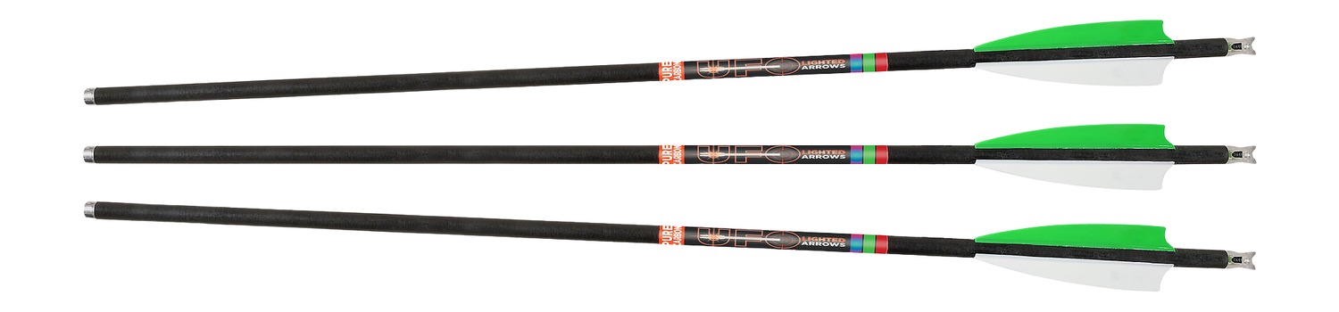 Three black arrows with green fletching