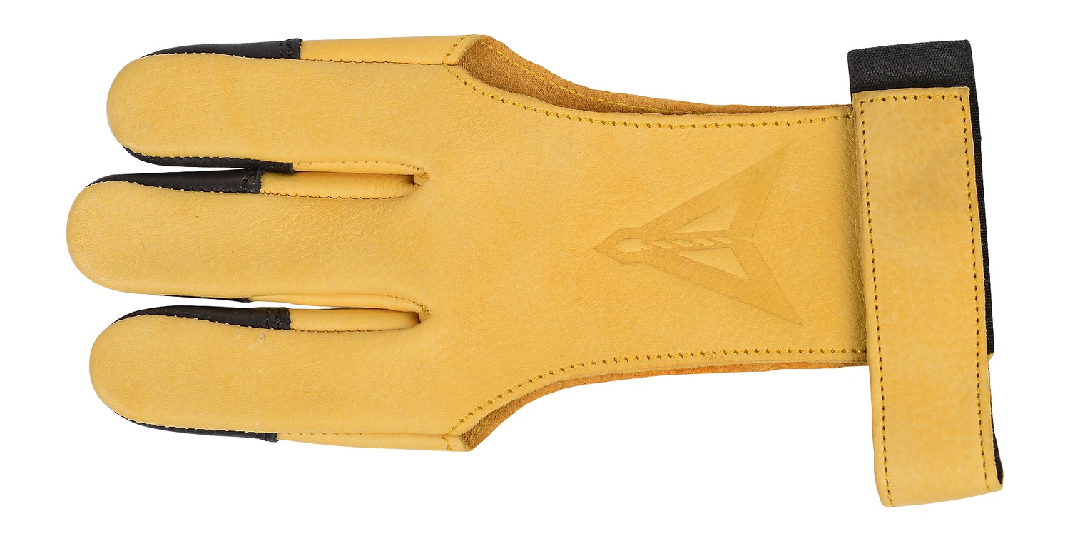 Yellow leather three-finger archery glove with wrist strap