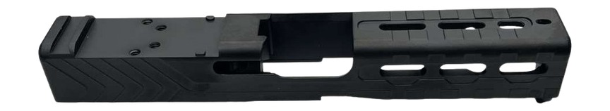 Black metal firearm slide with vented cuts