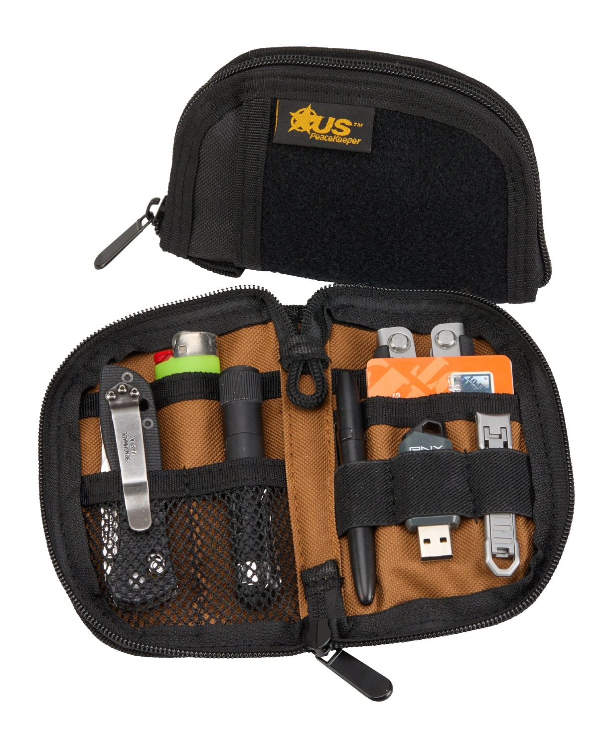 Open EDC organizer pouch with tools and accessories