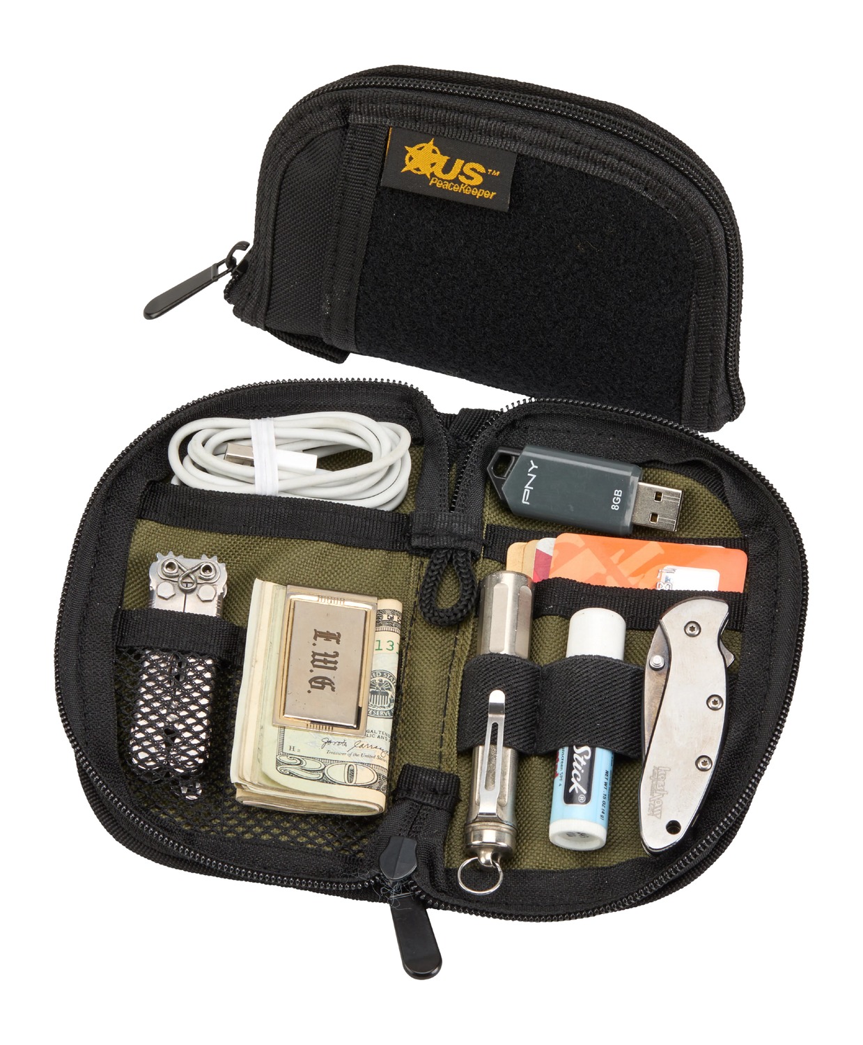 Open zippered EDC pouch with organized essentials