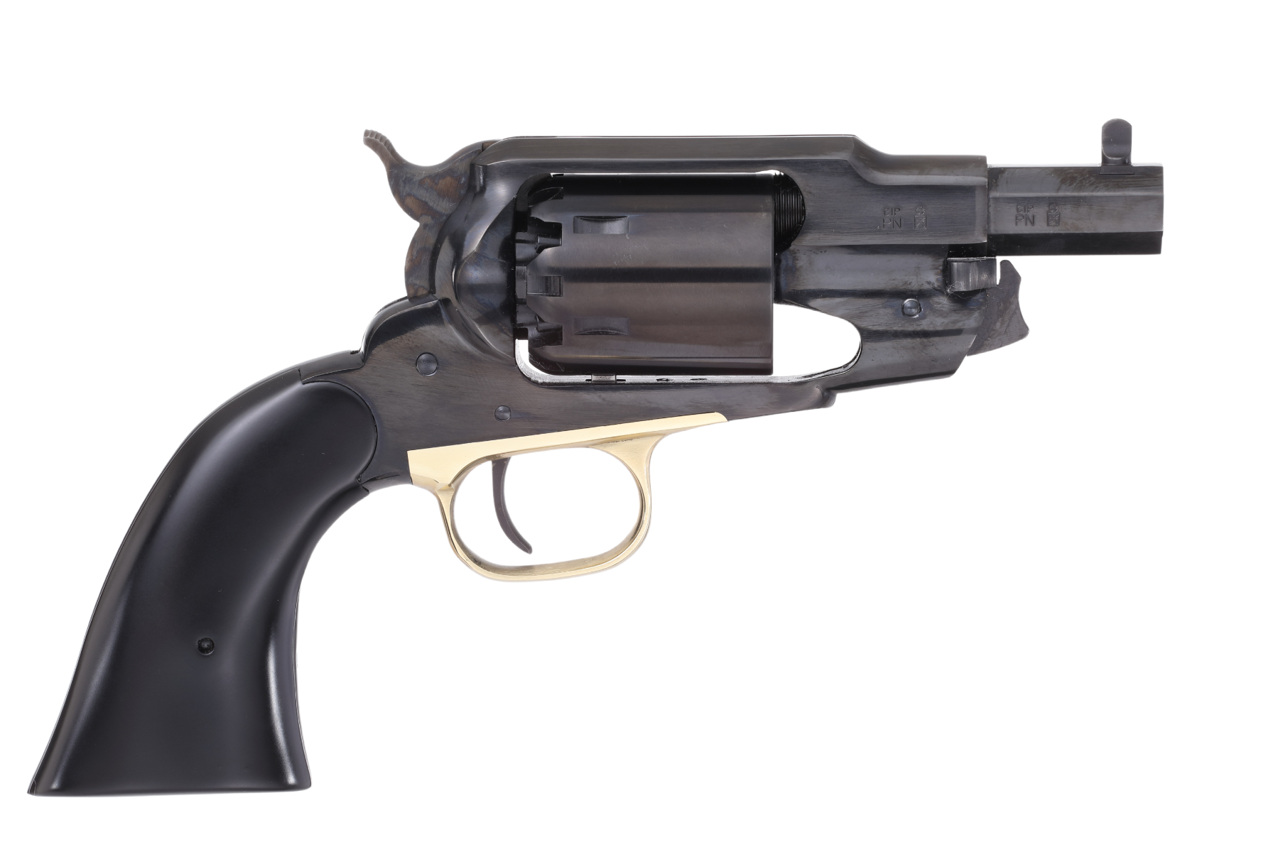 Vintage black revolver handgun on white background