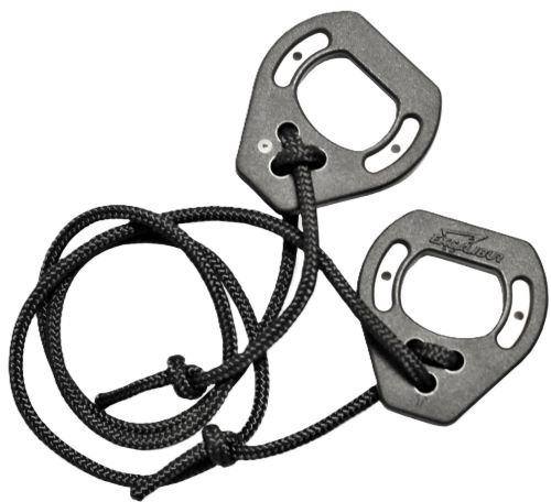Metal archery finger tabs with black cord lanyard