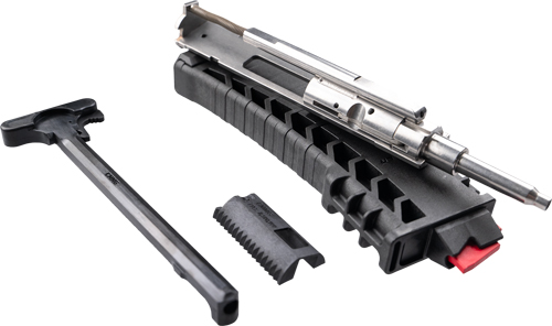 Disassembled rifle components on white background