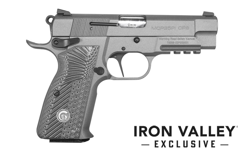 Silver semi-automatic pistol labeled Iron Valley Exclusive