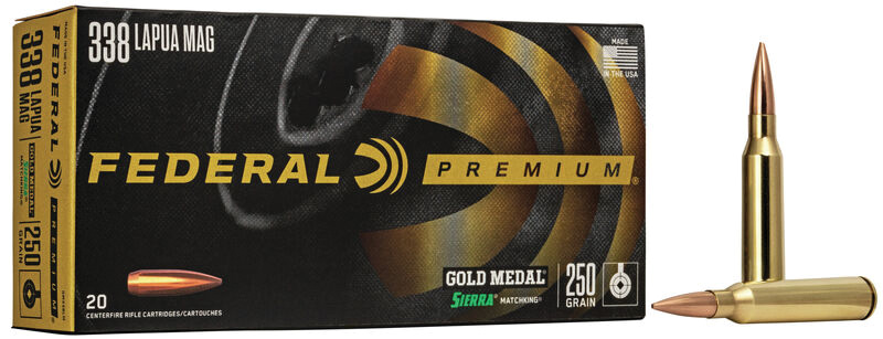 Federal Premium .338 Lapua Mag ammunition box and cartridges