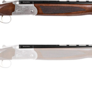 Over-under shotgun with wooden stock on white background