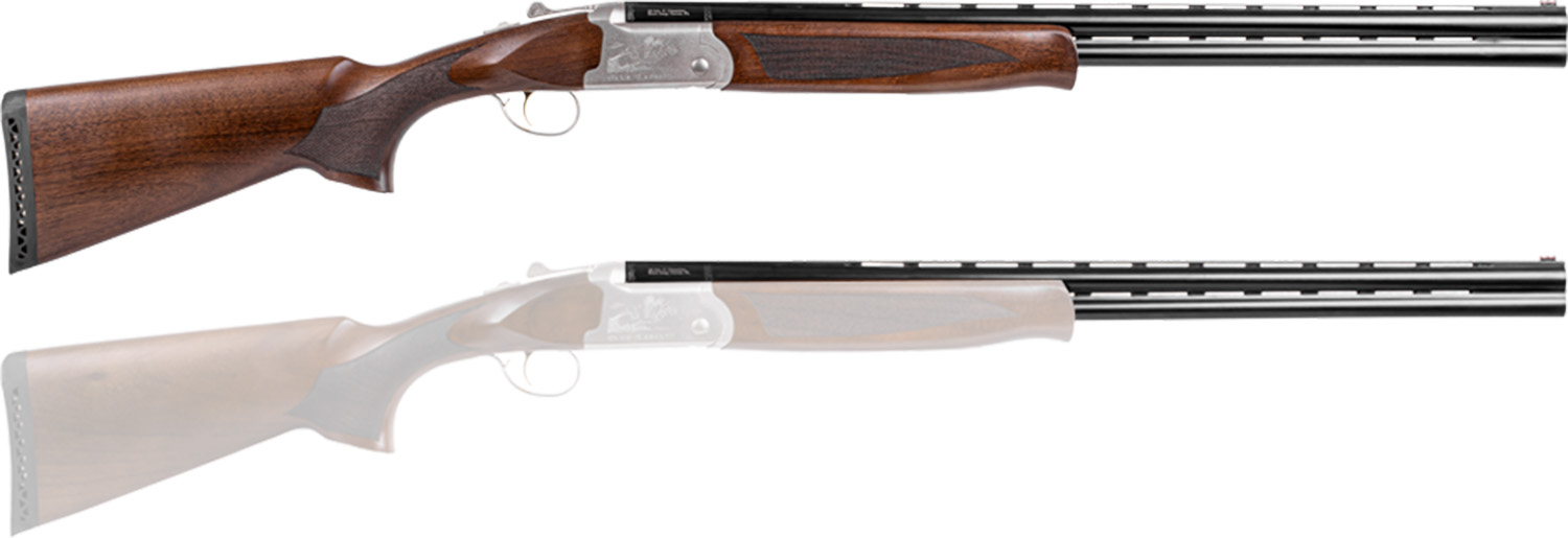 Over-under shotgun with wooden stock on white background