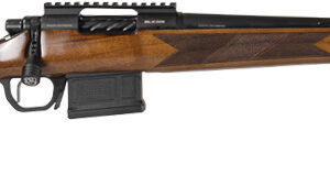 Bolt-action rifle with wooden stock and scope rail