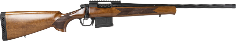 Bolt-action rifle with wooden stock and scope rail