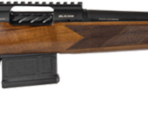 Bolt-action rifle with wooden stock on white background
