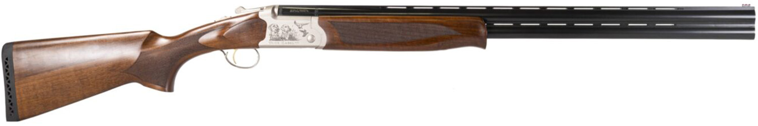 Over-under double barrel shotgun with wooden stock
