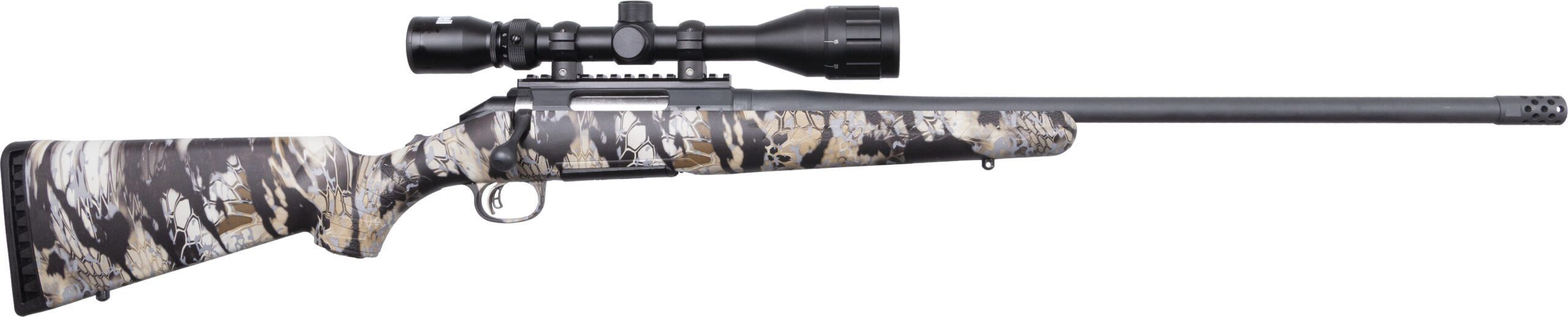 Camouflaged bolt-action hunting rifle with scope