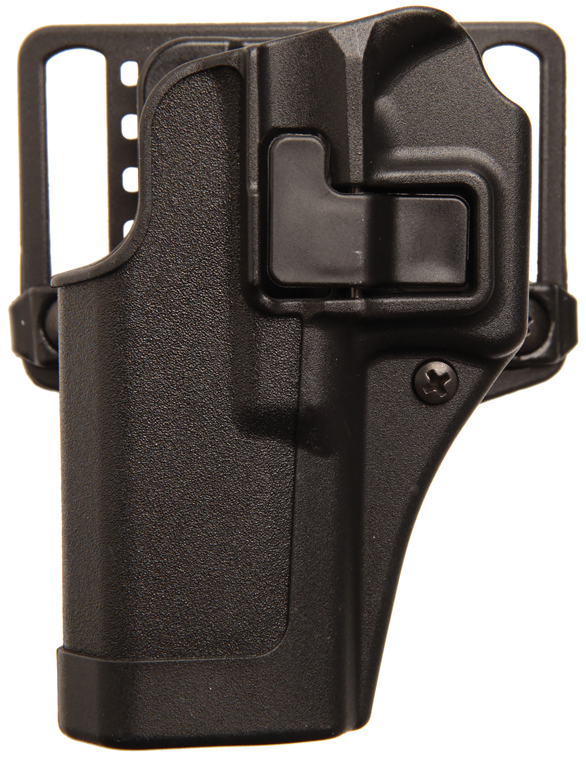 Black polymer handgun holster with belt mount