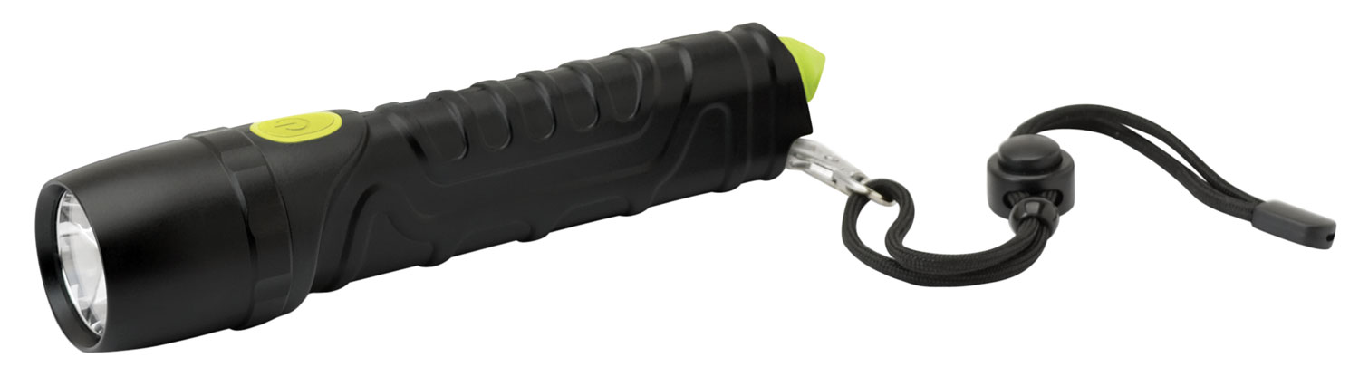 Black handheld flashlight with wrist strap