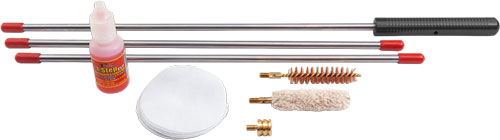 Gun cleaning kit with rods, brushes, solvent