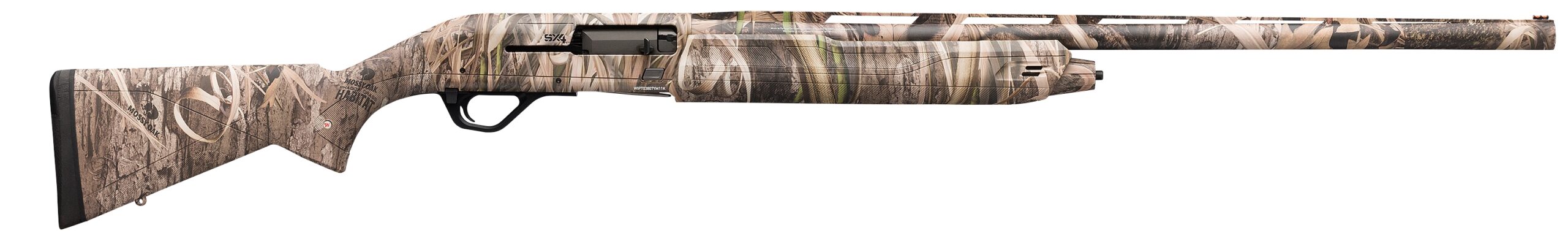 Camouflage semi-automatic shotgun on white background