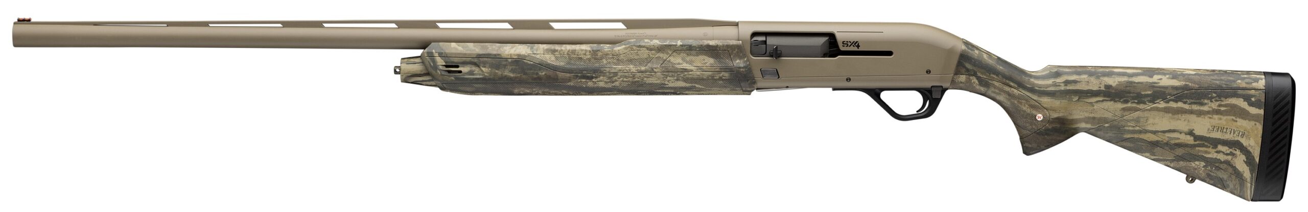 Camouflage semi-automatic shotgun on white background