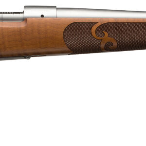 Bolt-action rifle with wooden stock on white background