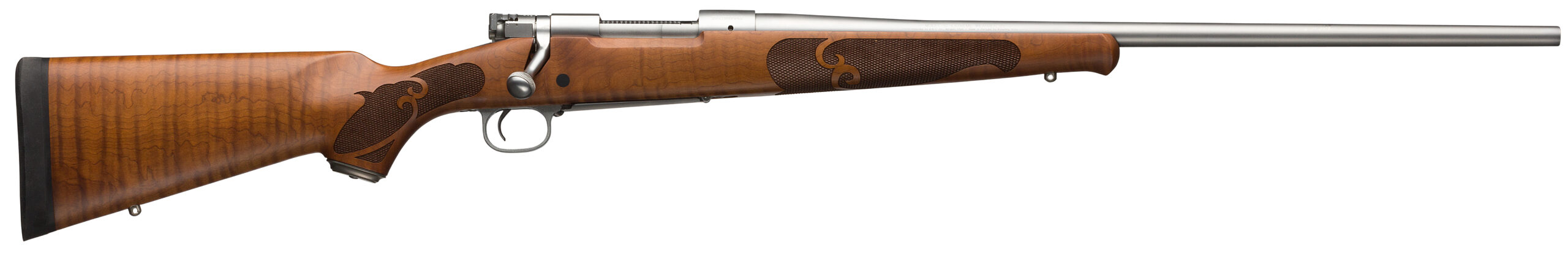Bolt-action rifle with wooden stock on white background