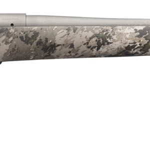 Camouflage bolt-action hunting rifle with long barrel