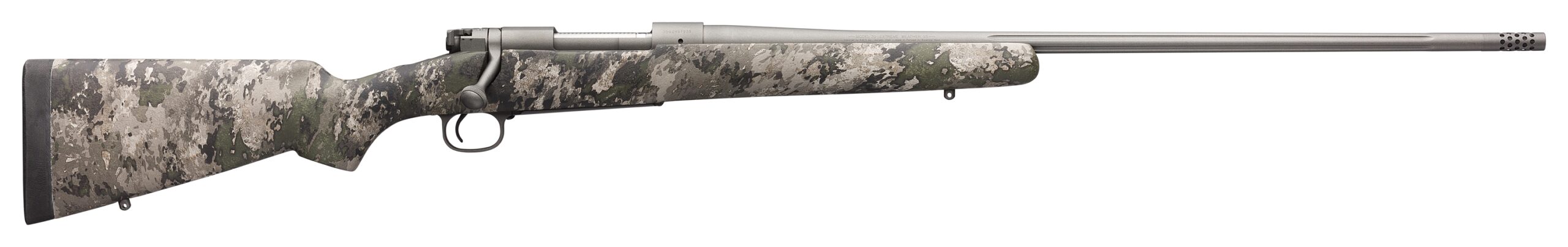 Camouflage bolt-action hunting rifle with long barrel