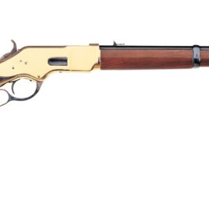 Lever-action rifle with wooden stock and brass receiver