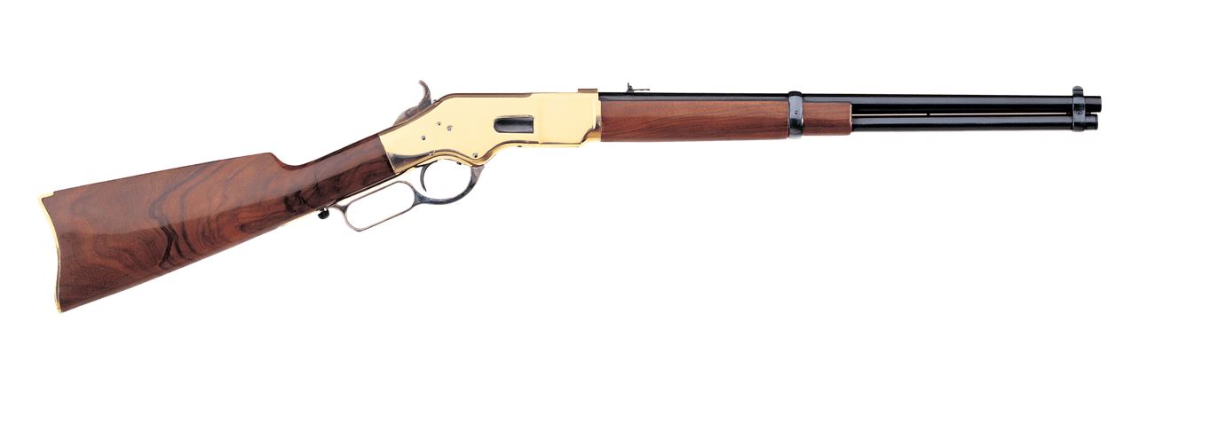 Lever-action rifle with wooden stock and brass receiver