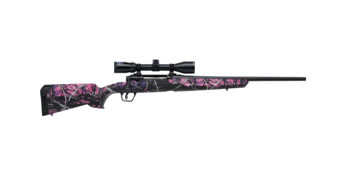Pink camouflage bolt-action rifle with scope
