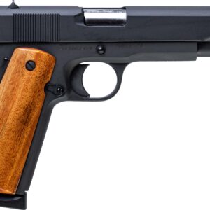 Black semi-automatic pistol with wooden grip