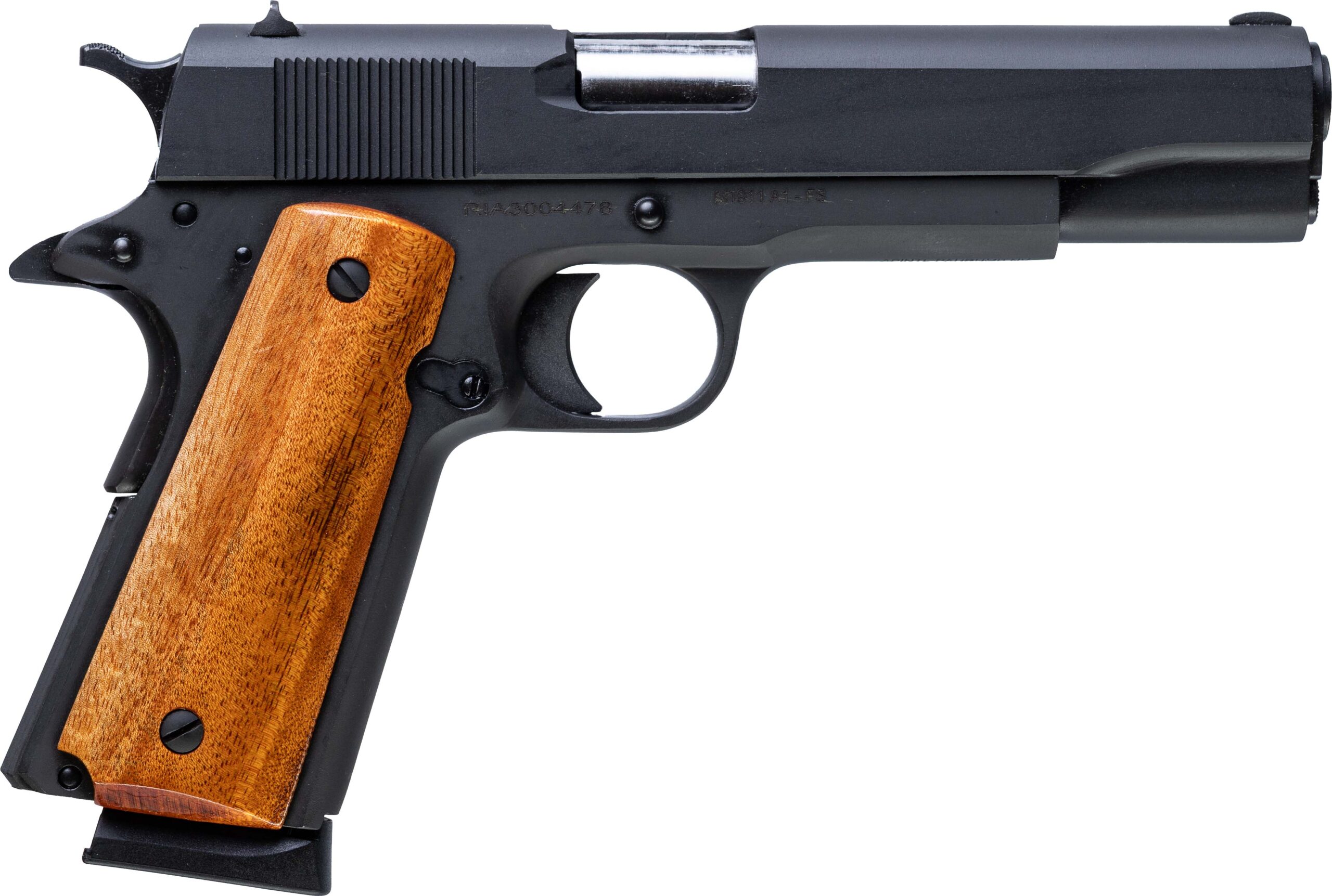 Black semi-automatic pistol with wooden grip