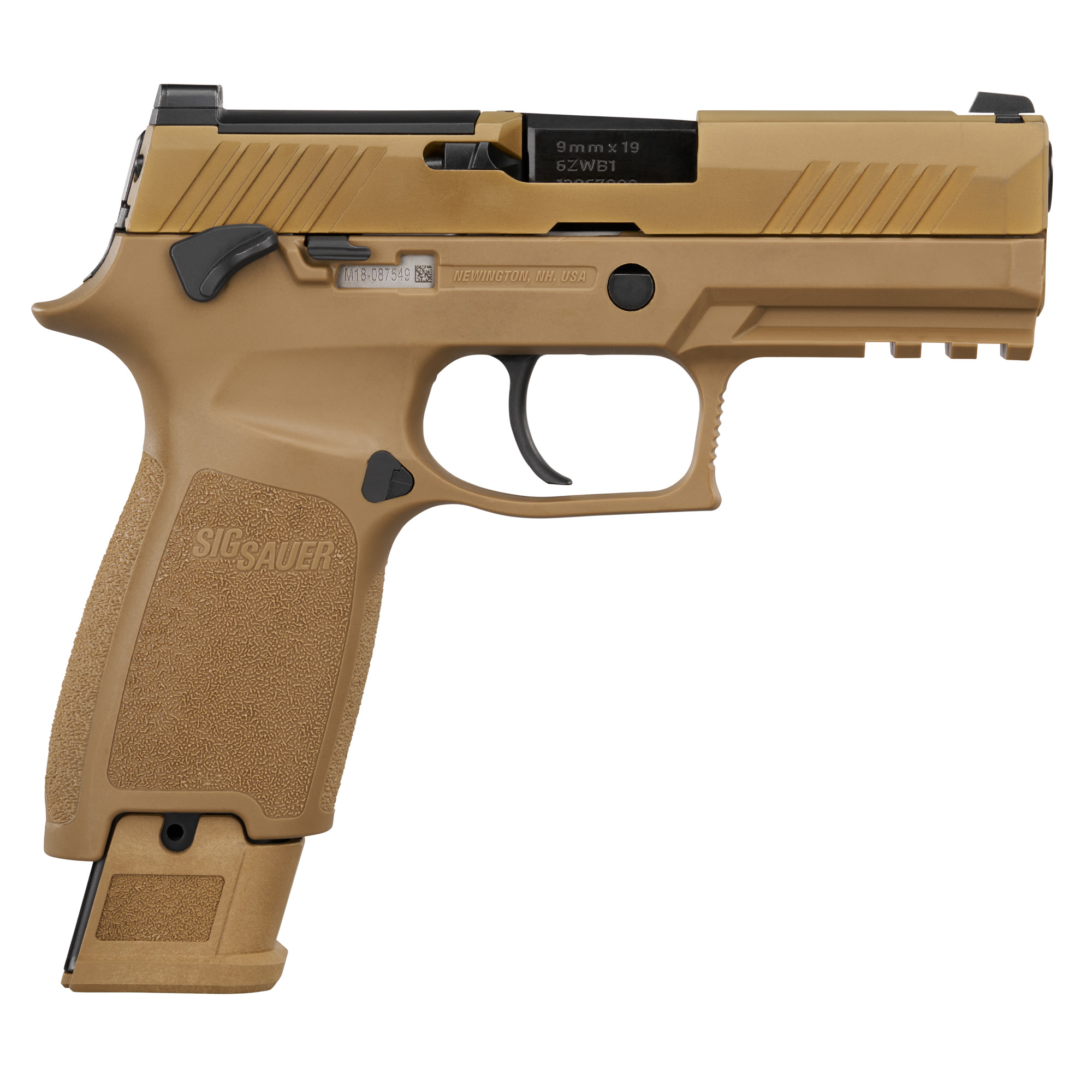 Tan SIG Sauer semi-automatic pistol side view